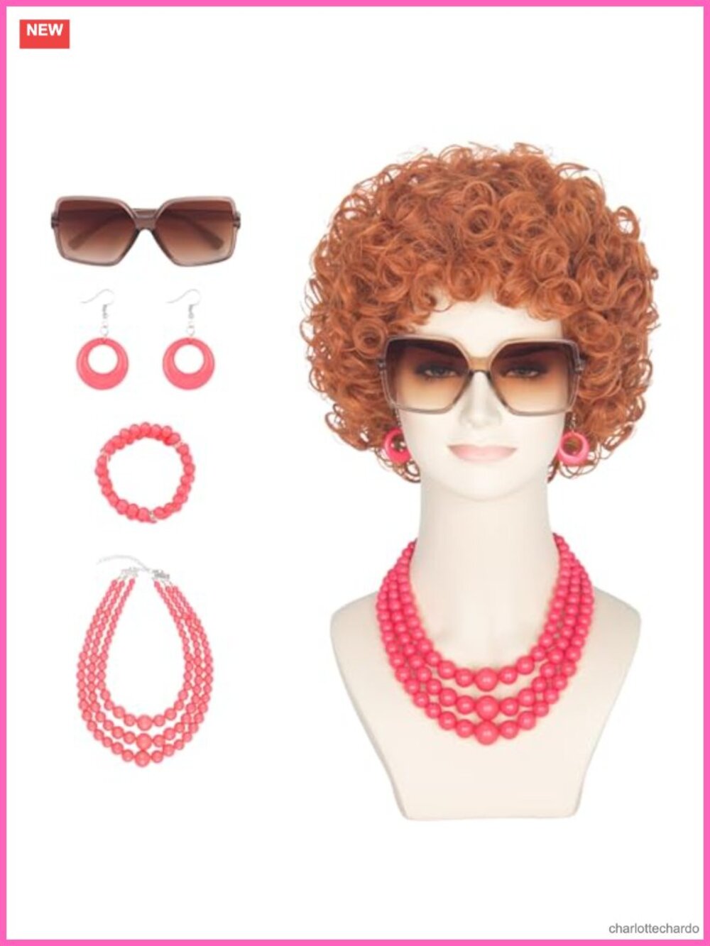 Women's Short Curly Red Brown Wig with Glasses, Necklace, Earrings, Bracelets